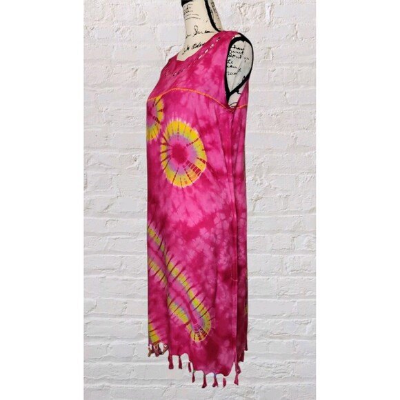 Tie Dye Midi Dress Juniors LG Pink Sleeveless Beaded Fringe Boho Hippie Gypsy - Picture 3 of 6